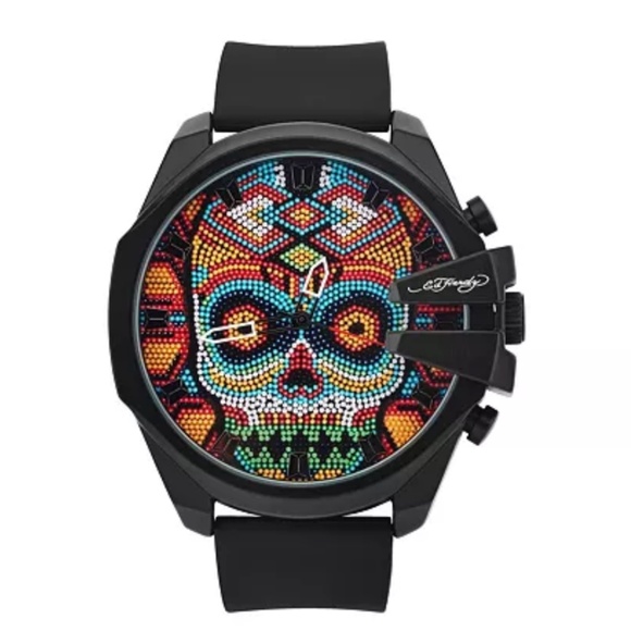 ED HARDY Oversized Skull Beaded Dial Wristwatch Color Black Silicone Strap Watch - Picture 1 of 8